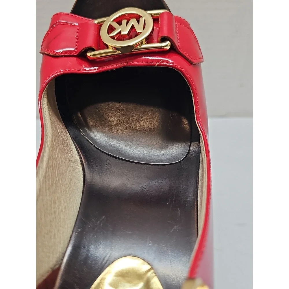 Michael Kors Red Patent Leather Platform Wedge Sandals Gold MK‎ Logo Studded 6M